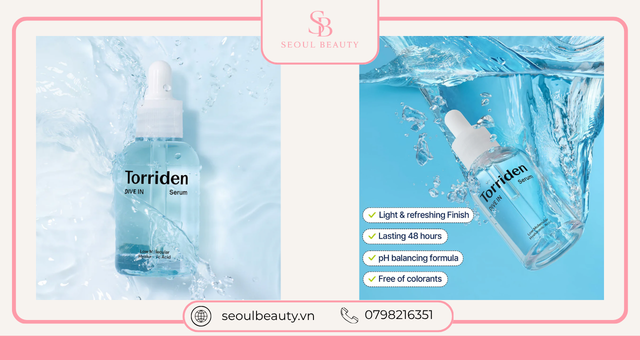 Serum Torriden DIVE-IN Hyaluronic Acid Serum chứa phức hợp Hyaluronic Acid đa phân tử giúp cấp nước chuyên sâu, hỗ trợ phục hồi da khô và mang lại làn da mềm mại, căng bóng.