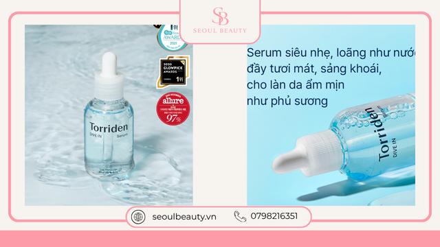 Với công nghệ Hyaluronic Acid phân tử thấp, Serum Torriden DIVE-IN giúp dưỡng ẩm sâu, tăng độ đàn hồi và mang lại làn da căng bóng tự nhiên.